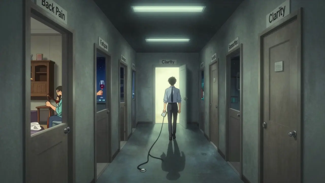 A person walking down a hallway of symptom doors, their shadow becoming a stethoscope, light glowing at the end.