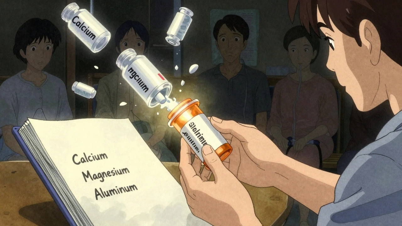 A pharmacist gives a safe phosphate binder as old antacid bottles dissolve into ash around the patient.