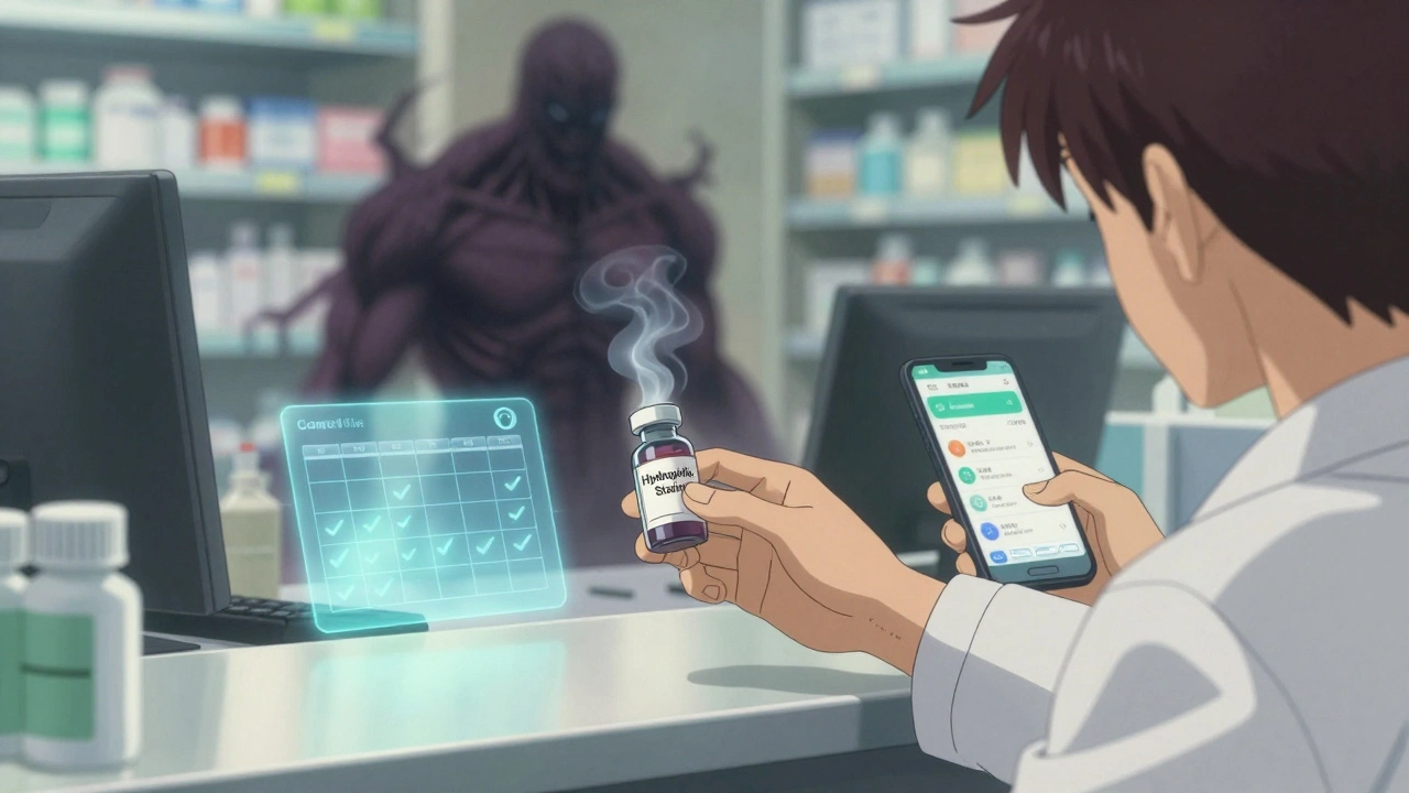 A pharmacist hands a patient a new statin as a myth fades away, with a glowing smart pill bottle nearby.