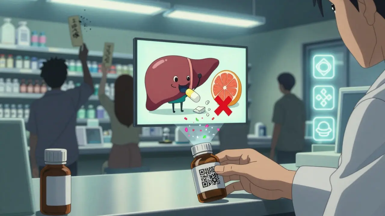 A pharmacist placing a label that projects an animated safety video, while old warning labels dissolve into ash.
