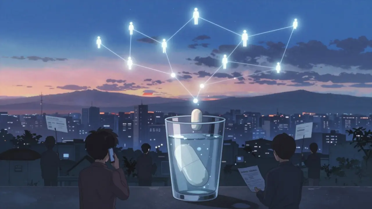 A pill dissolving into a constellation of connected people representing reported reactions.