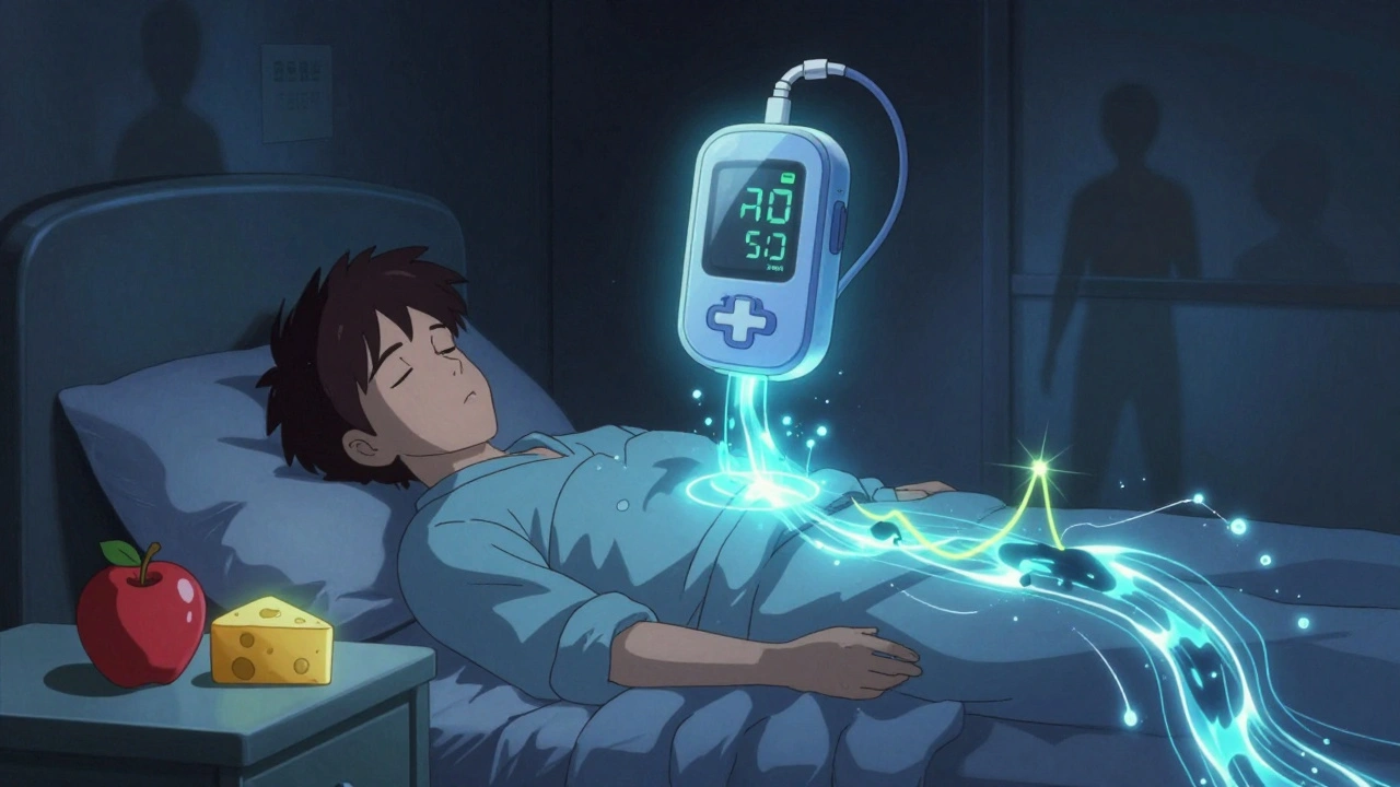 A sleeping person surrounded by glowing glucose data streams from an artificial pancreas, snack on nightstand, past hypoglycemia shadows fading on walls.