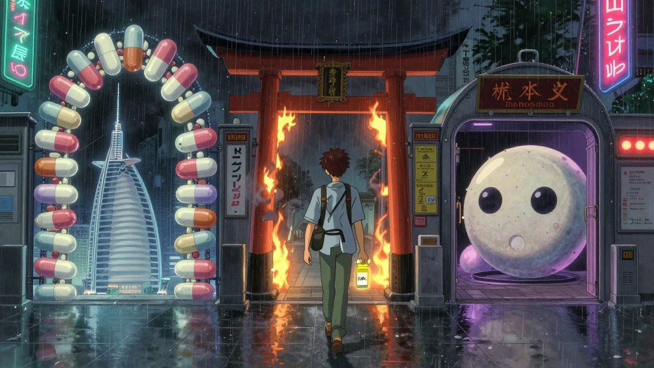 A traveler walks through a surreal airport transit hub where each gate represents a country with banned medications.