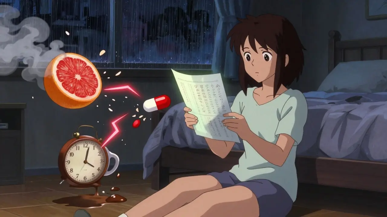 A woman in her bedroom holding a glowing medication insert, surrounded by surreal symbols of drug interactions and warnings.