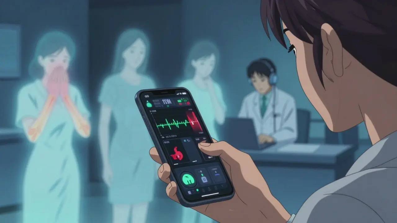 A woman watches a biometric app predicting a flare, ghostly past symptoms fading as she receives a medical alert.