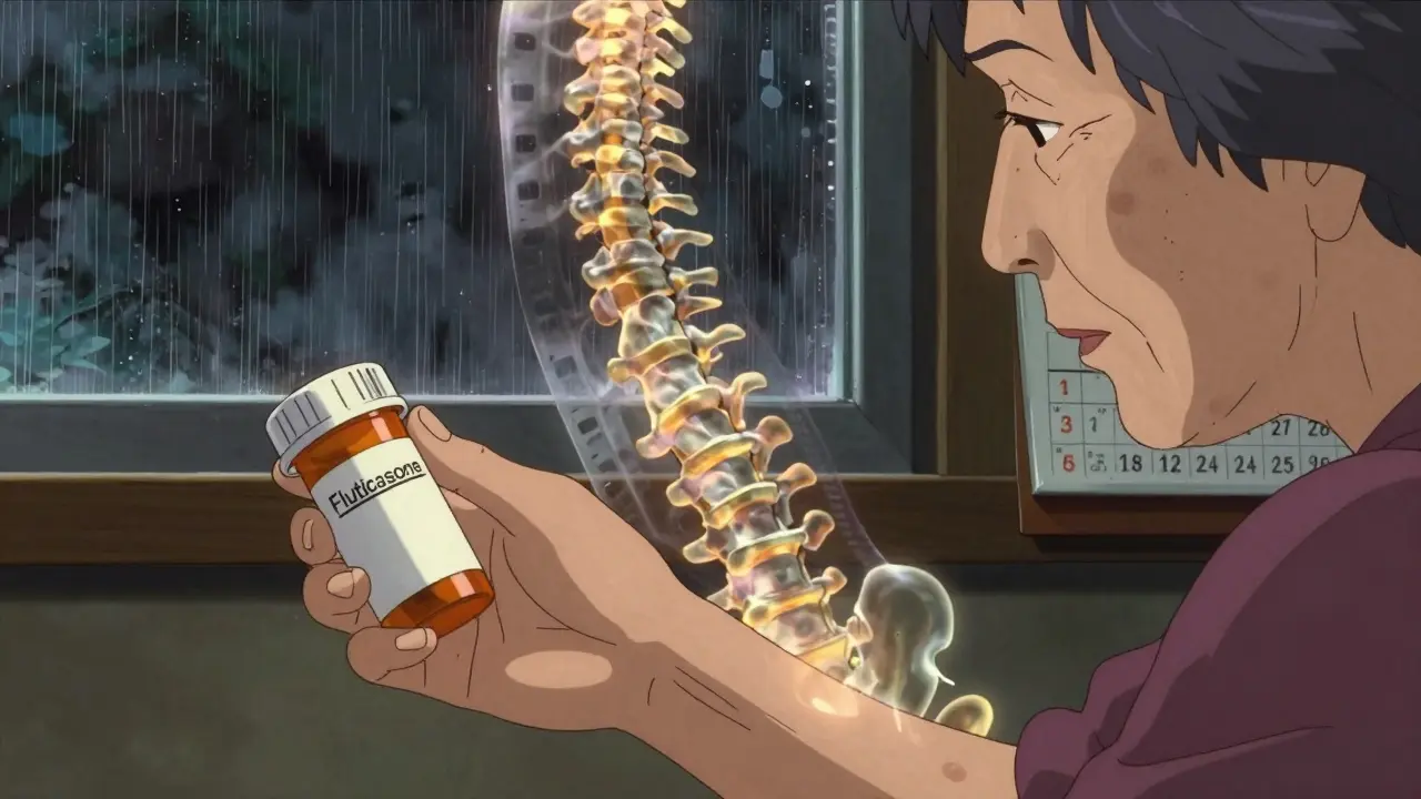 An elderly woman's arm with bruising beside a fluticasone bottle, her spine subtly thinning in a surreal glow.