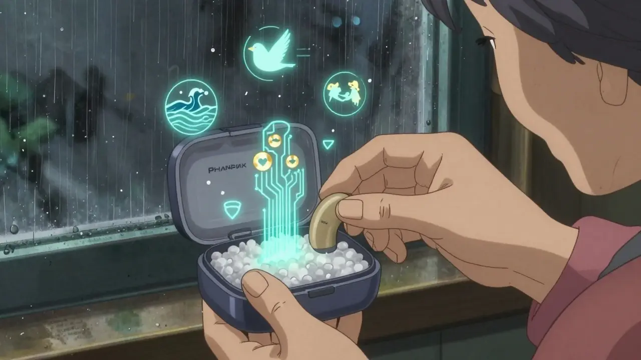 An elderly woman placing a behind-the-ear hearing aid into a drying case with silica gel, rain on the window behind her.