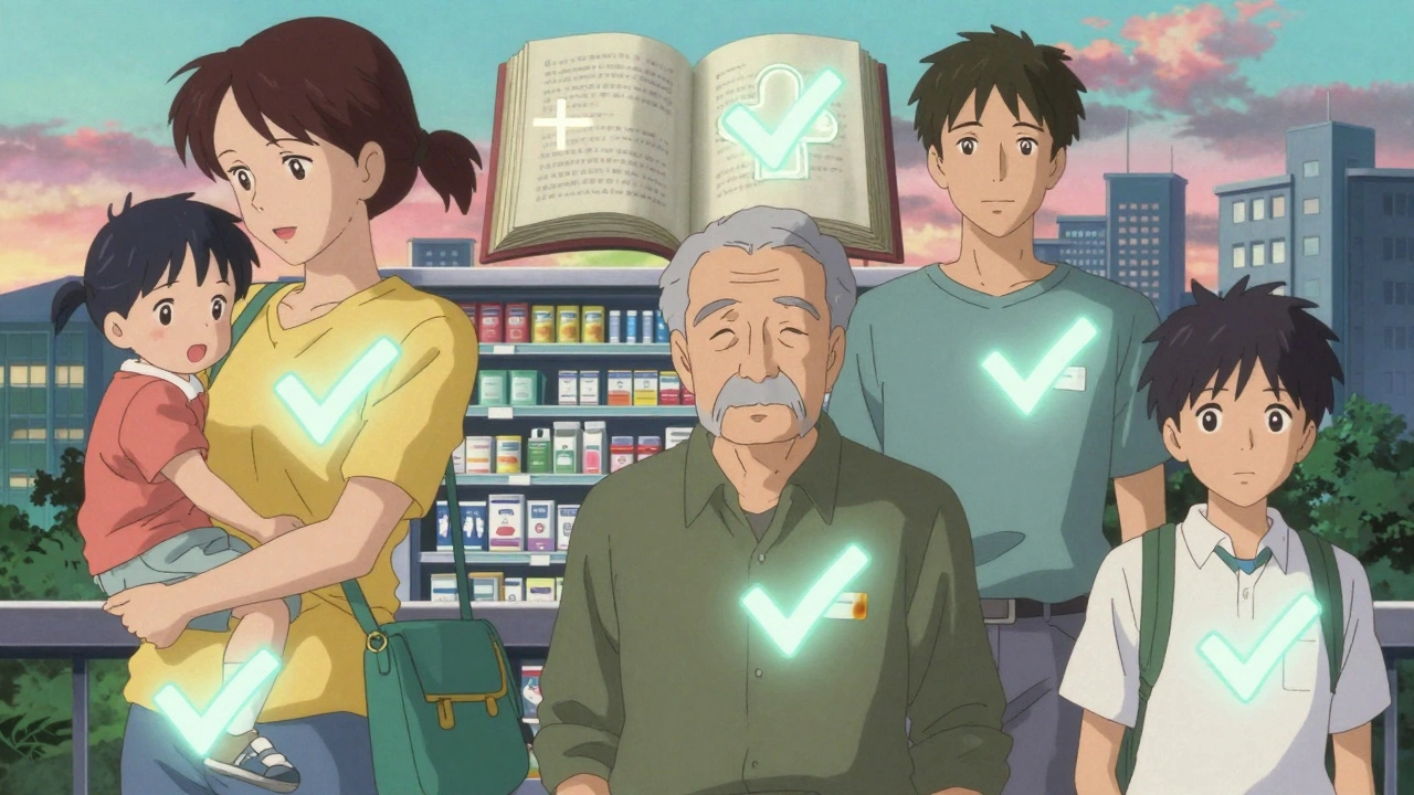 Diverse people with glowing checkmarks over their hearts, allergy labels dissolving into a cityscape of healing symbols.