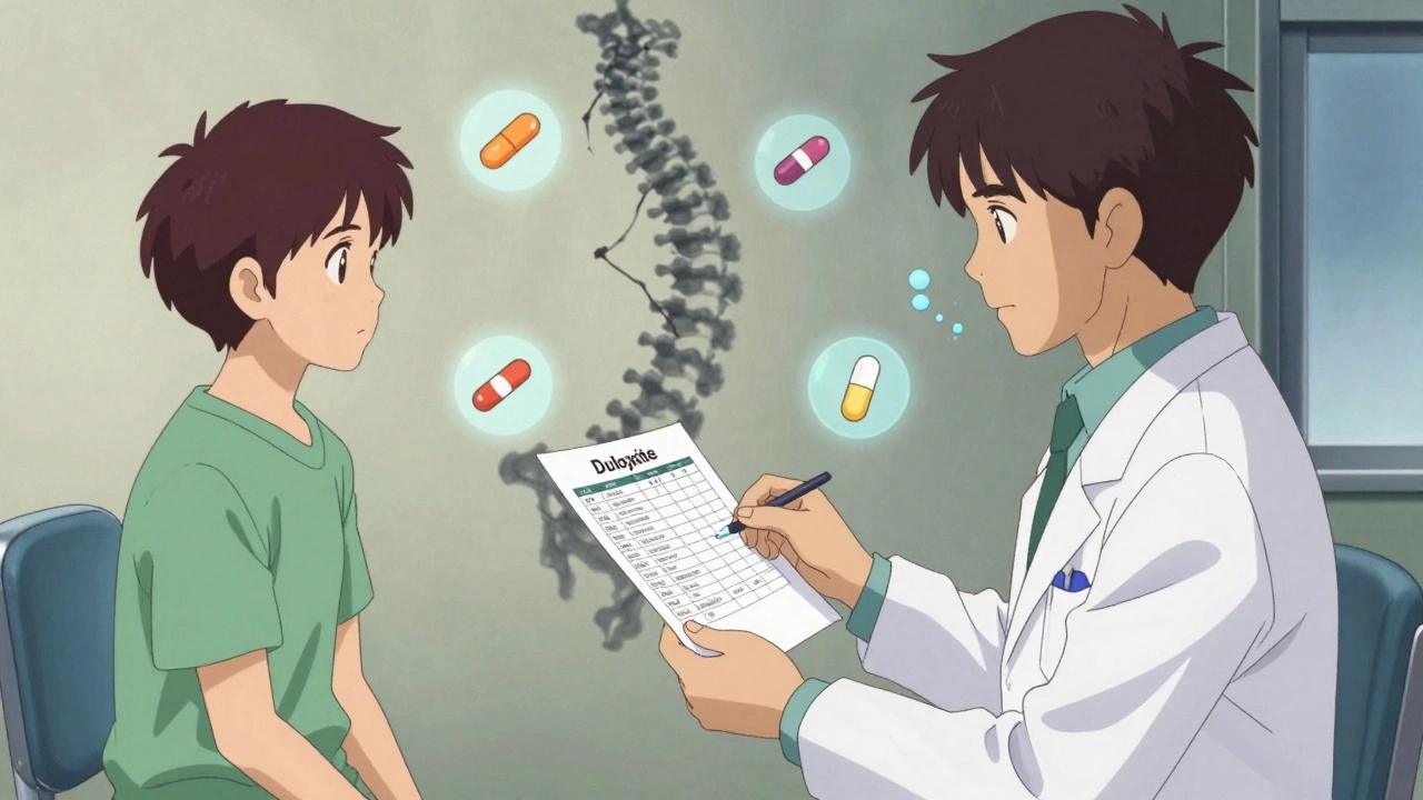 Doctor handing patient medication and exercise plan, floating icons of treatments surrounding them in a medical room.