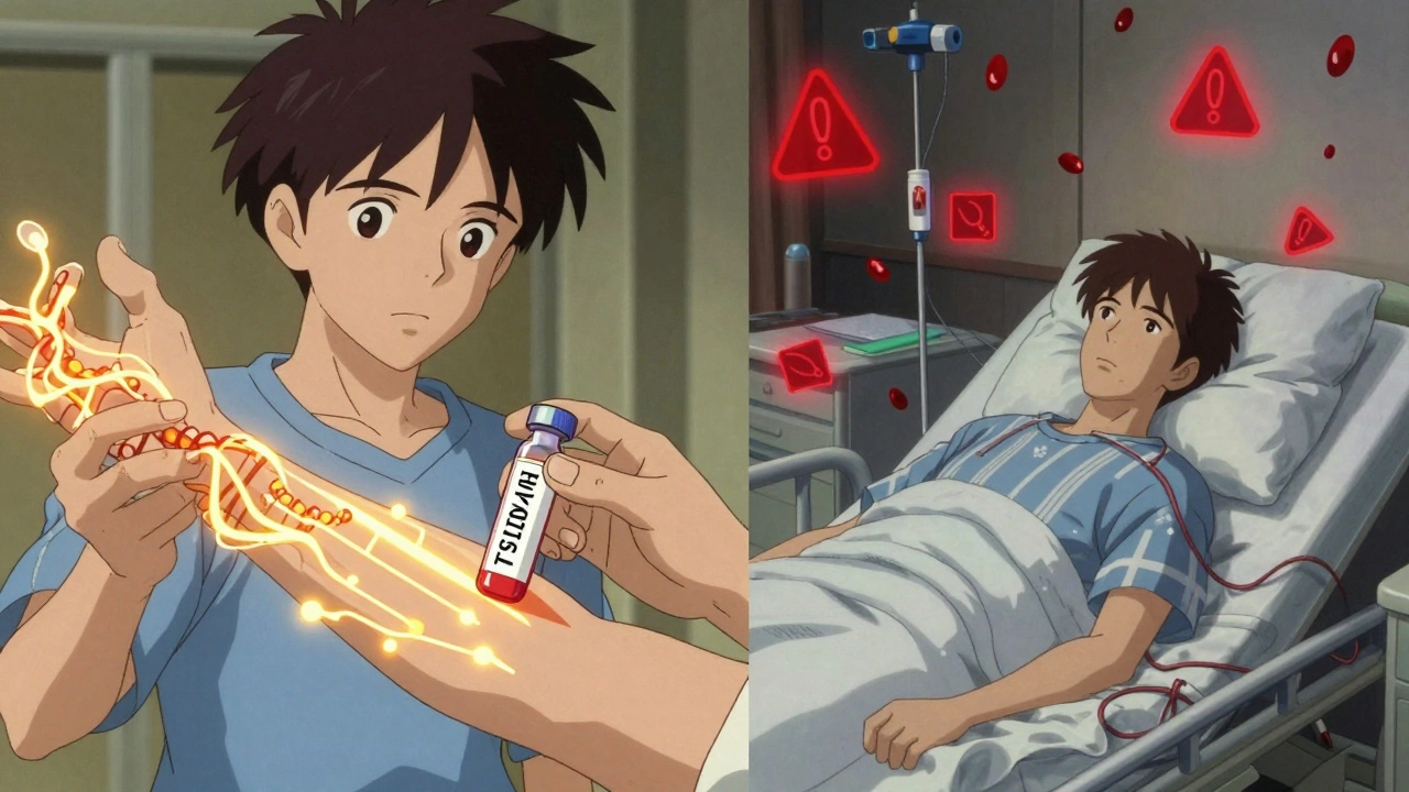 East Asian patient receiving genetic test, split with hospital scene showing falling blood cells.