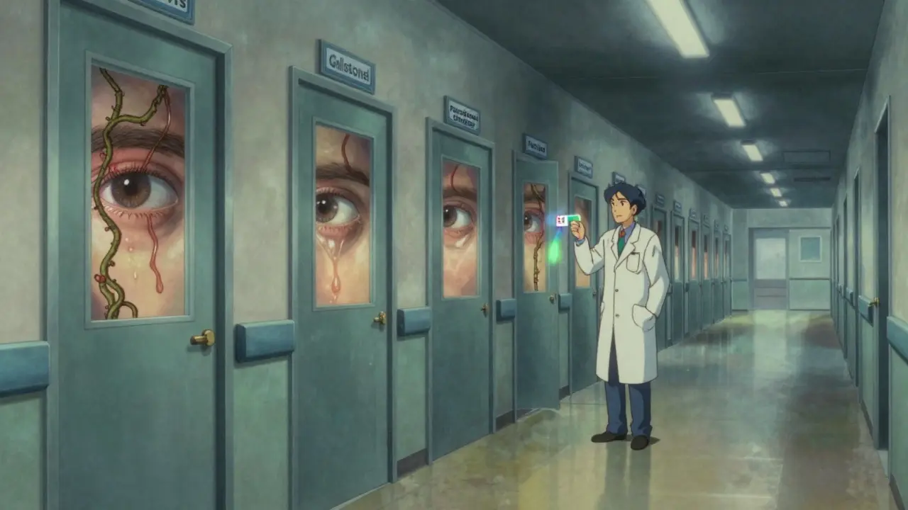 Endless hospital corridor with doors representing liver disease causes, each revealing distorted scenes.