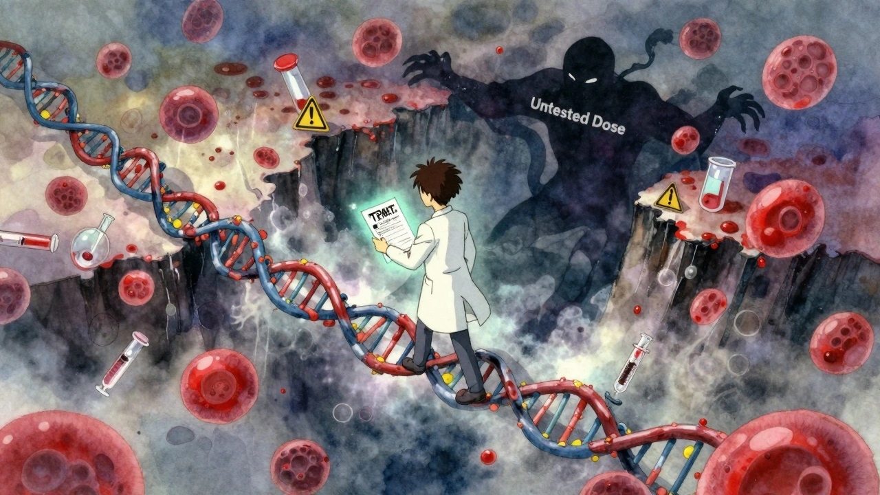 Figure walking on DNA bridge over chasm of blood cells, warning signs below.