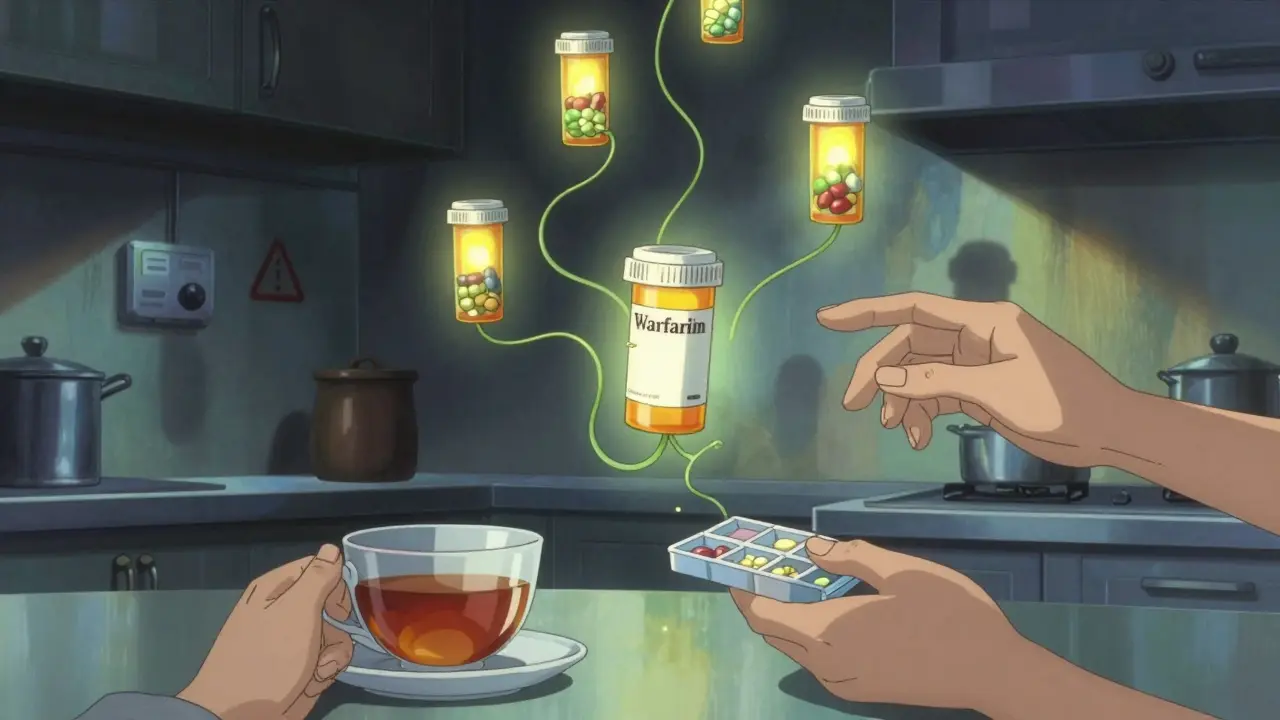 Floating herbal supplements entangling a blood thinner bottle in a surreal kitchen scene.