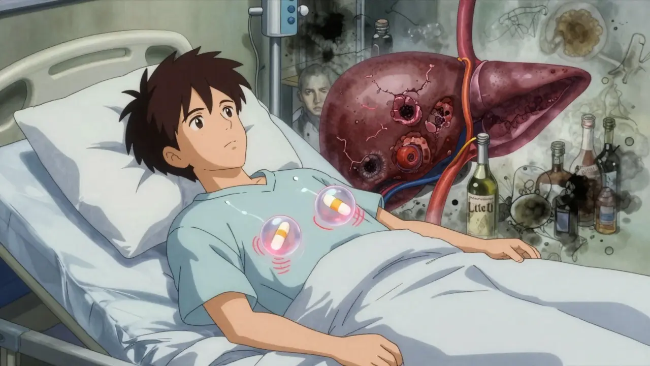 Floating pills reduce pressure in a fractured liver as memories warp around a hospital bed.