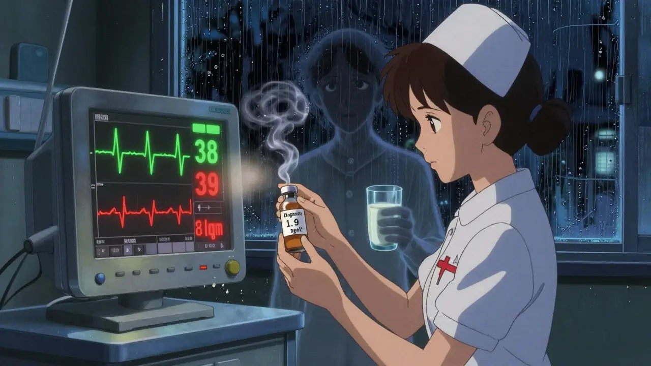 Hospital room at night with slow heart monitor and patient holding milk and fiber supplement.