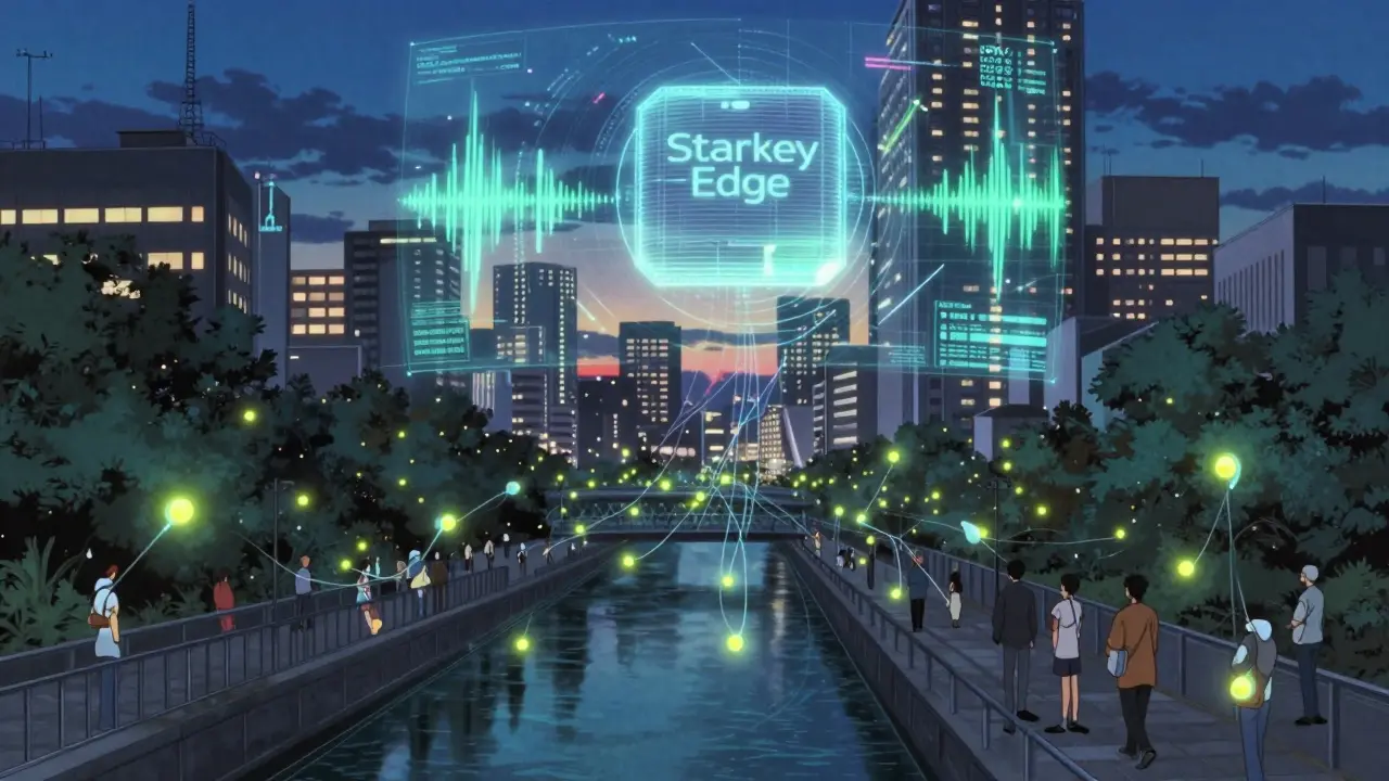 Invisible hearing aids glowing like fireflies above a futuristic city, connected by data threads to unseen users.