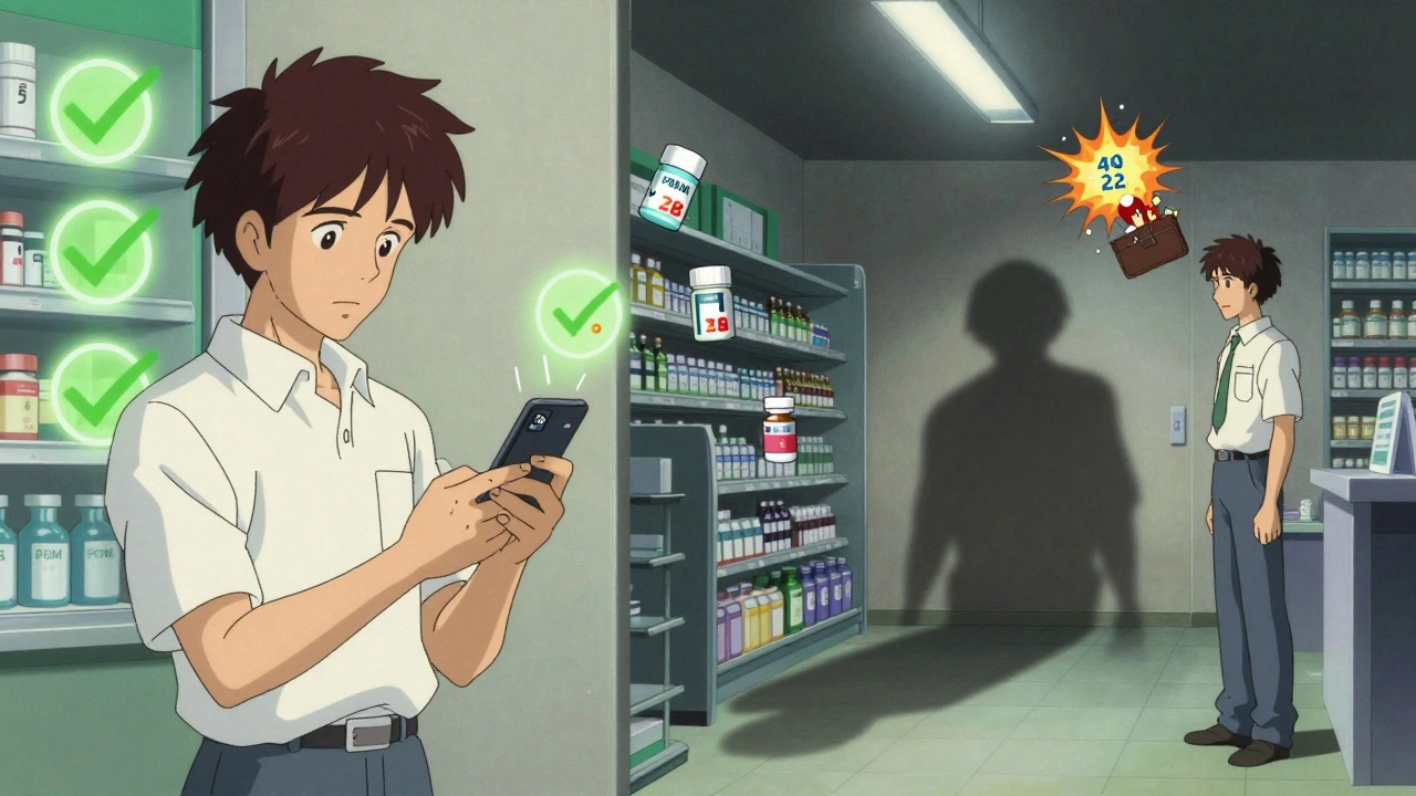 Man comparing in-network pharmacy app on phone while shadow transforms into PBM logo.