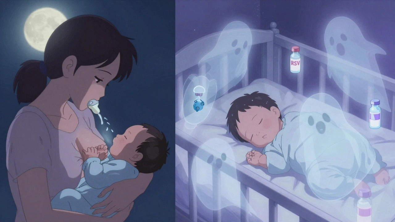 Mother breastfeeding as antibodies from pregnancy protect her newborn in a dreamlike scene.