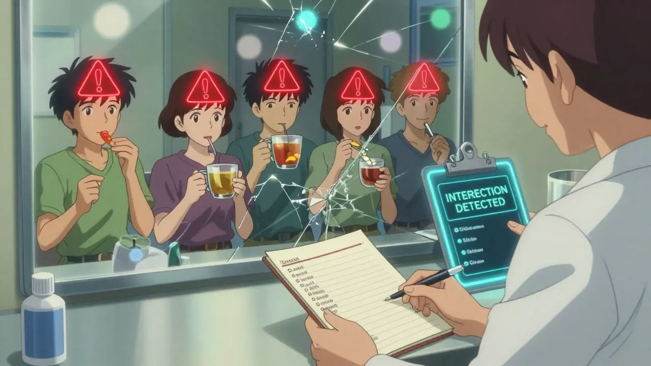 Patient at hospital desk handing in supplement list, with fractured reflections showing hidden risks.