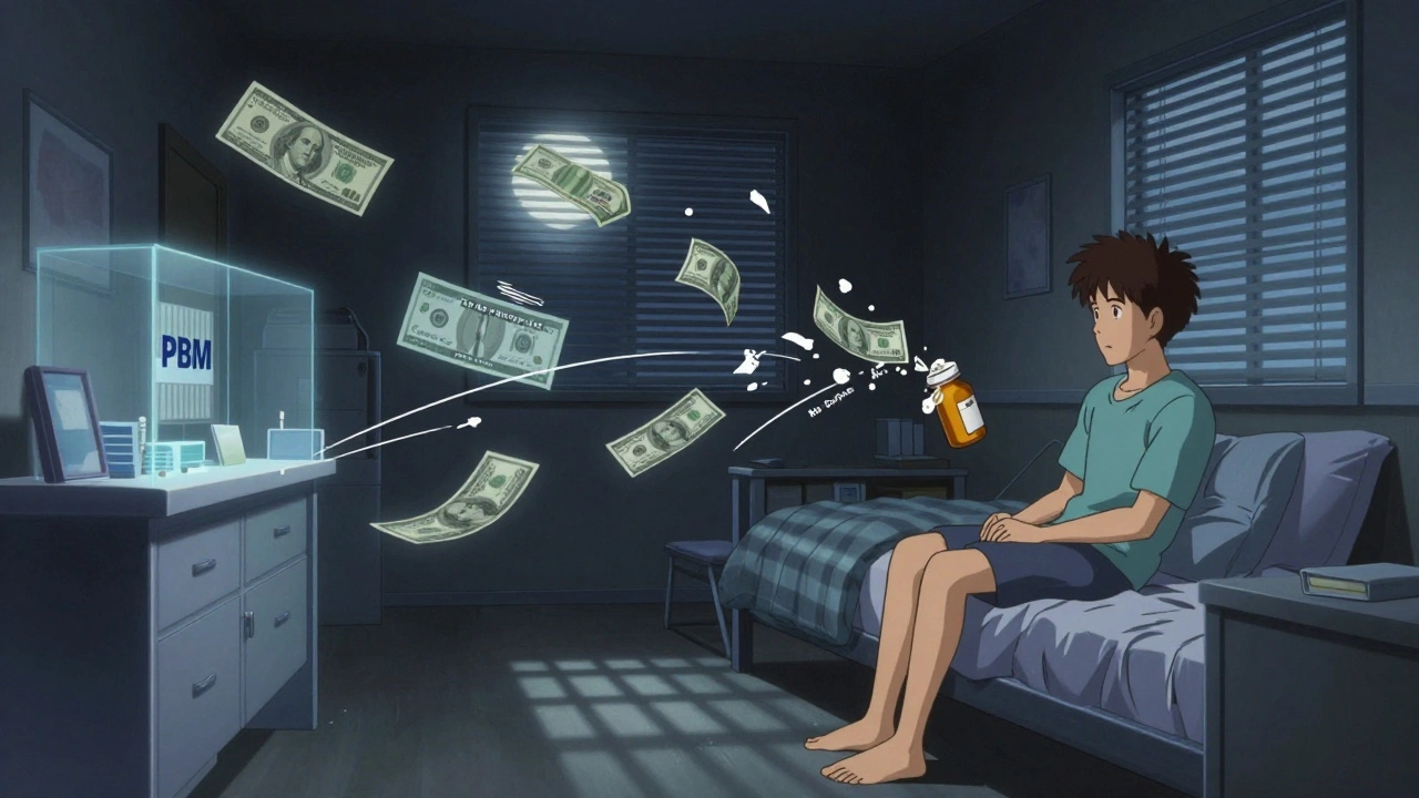 Patient in bedroom watching pill bottle dissolve into floating medical bills.