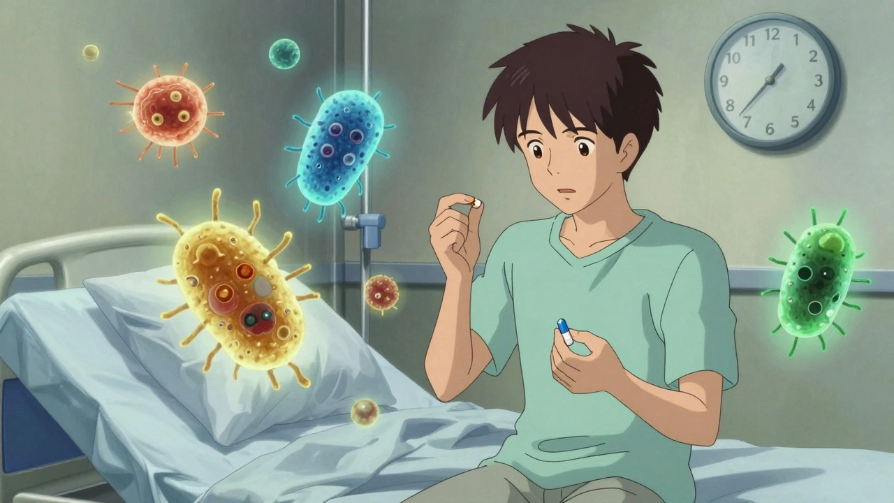 Person taking antibiotic and probiotic with ghostly bacteria swirling around them, clock showing 2-hour dosing interval.