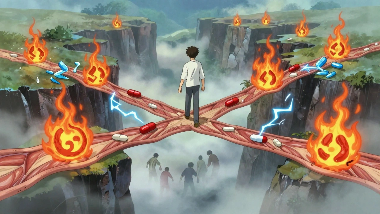 Person walking over a chasm of pain symbols, each step forming a bridge of muscle, breath, and medication.