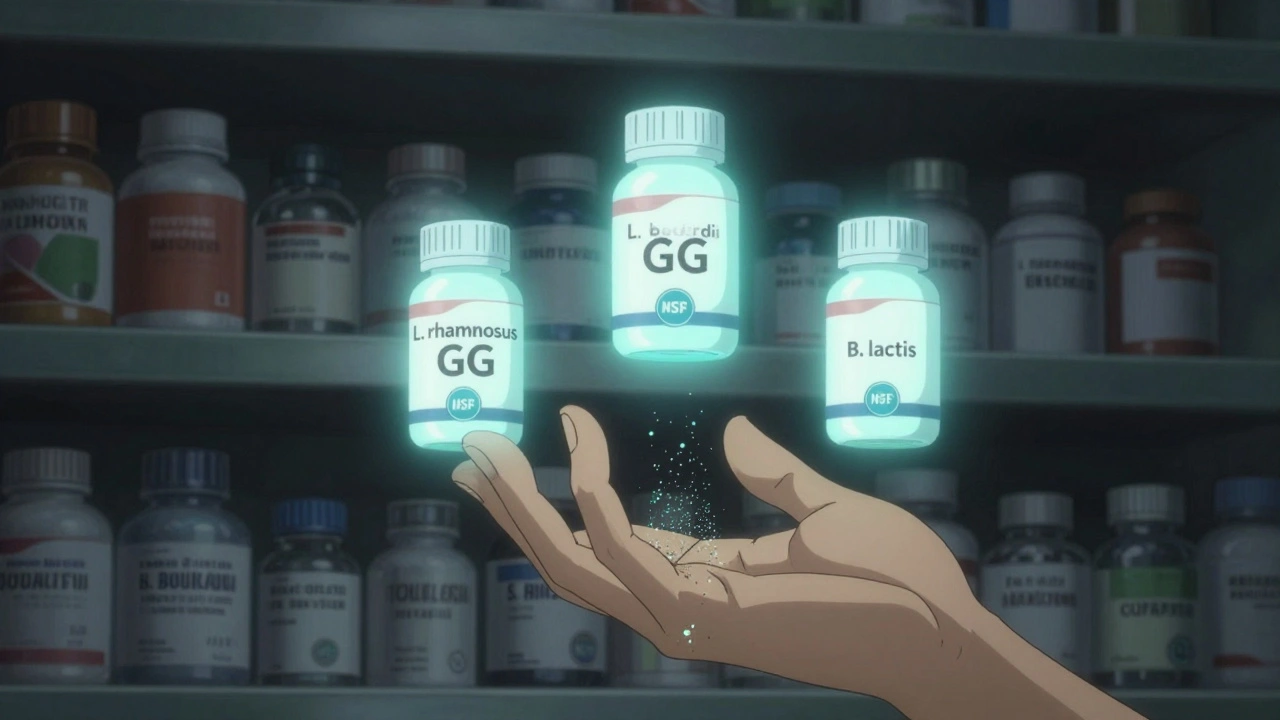 Pharmacy shelf with glowing verified probiotic strains floating above, others fading into digital corruption.