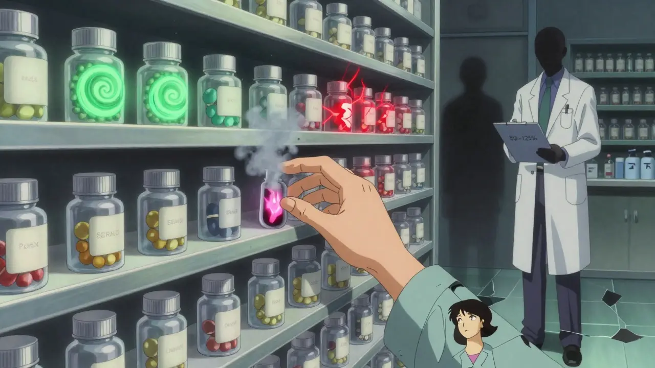 Pharmacy shelves with morphing generic pills emitting side effect auras, symbolizing subtle drug variations.