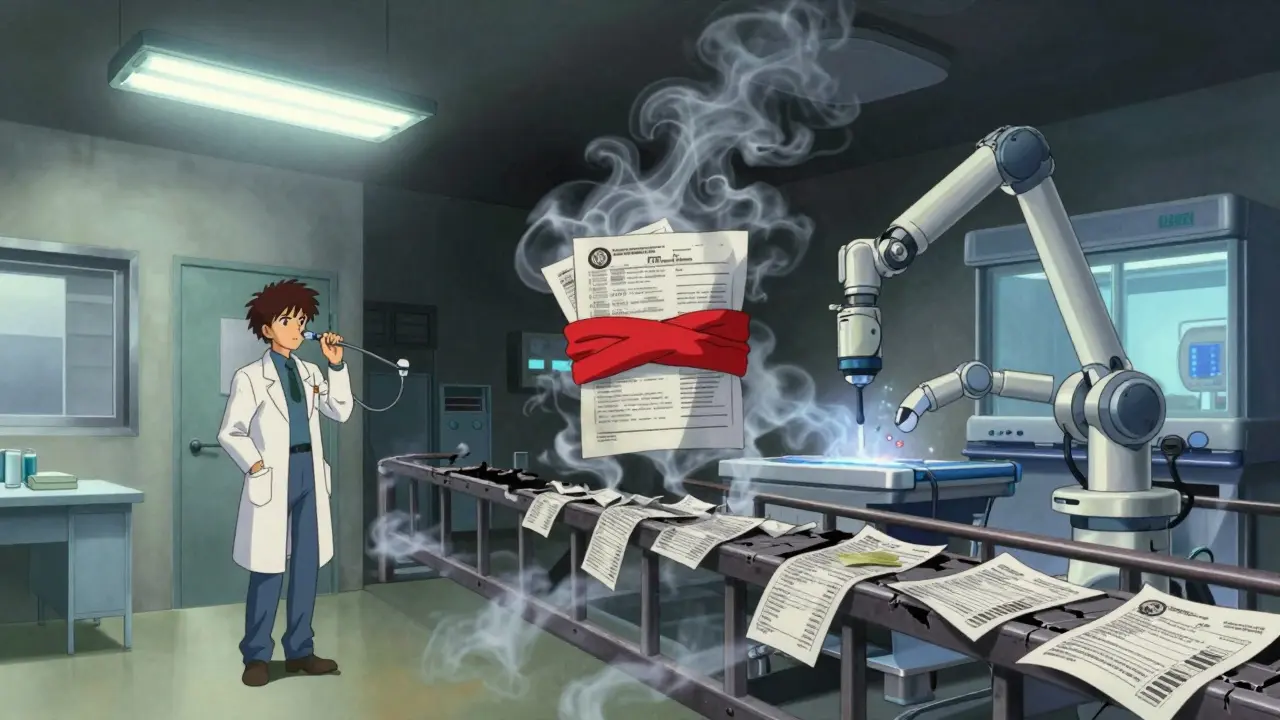 Rural and urban care contrast dissolves into smoke, with a single red band symbolizing life and disparity.