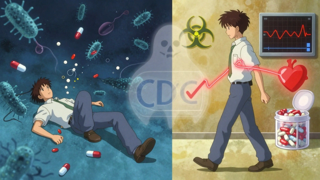 Split scene: one side shows heart failure from stopping meds, the other shows recovery with proper use.