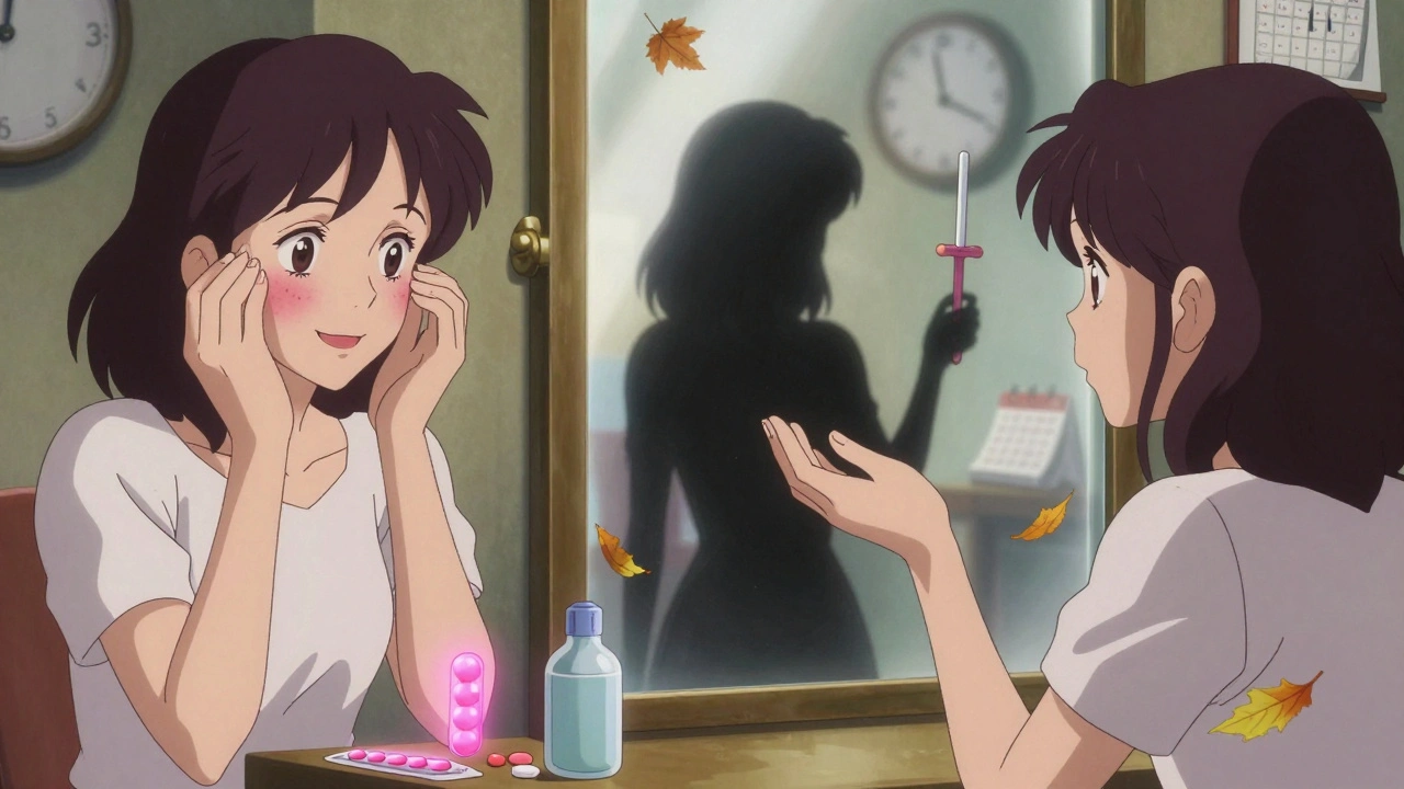 Split scene: woman with fading acne on one side, reflection showing IUD and implant on the other, clocks and calendars swirling behind.