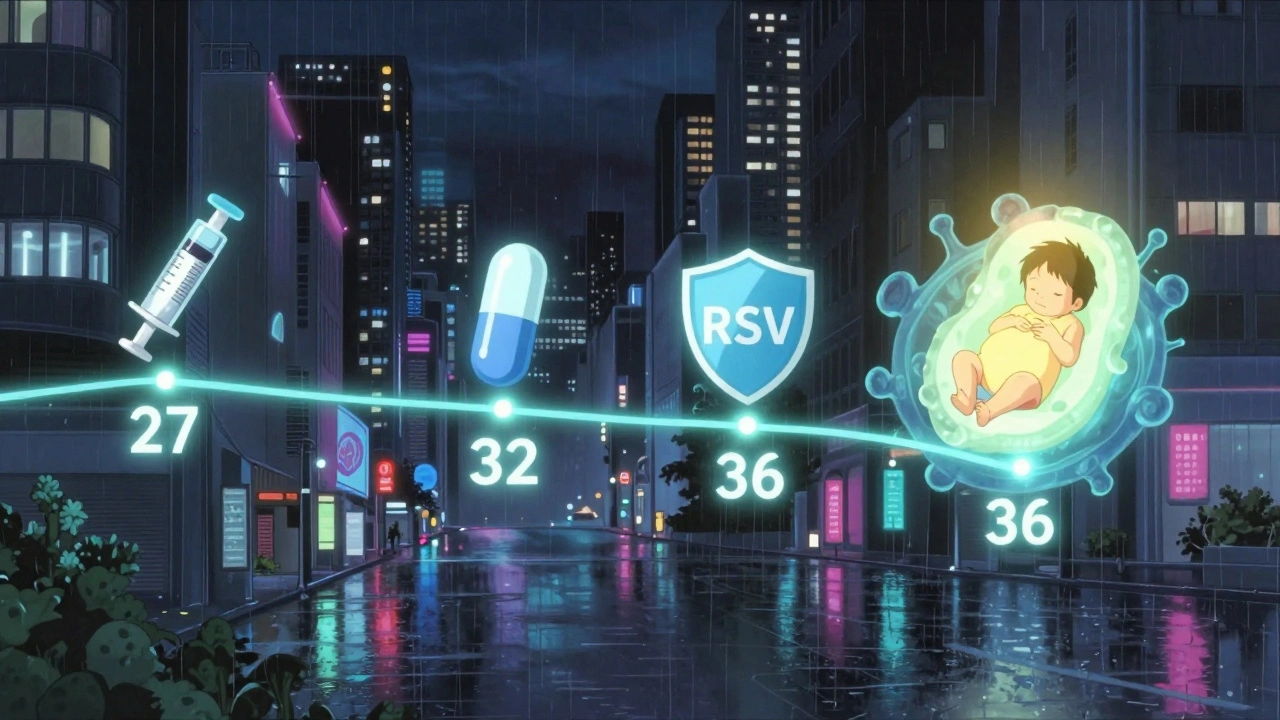 Timeline of pregnancy weeks with vaccine symbols glowing along a neon-lit path to a newborn.