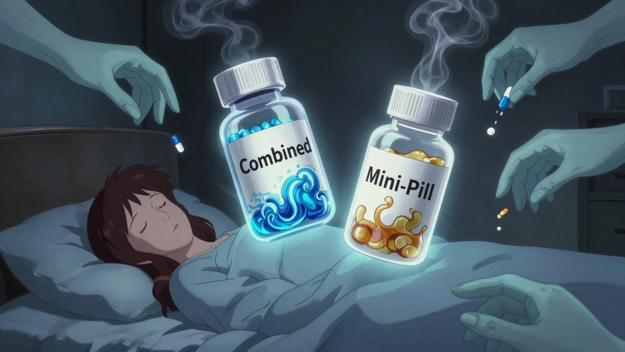 Translucent birth control pills floating above a sleeping woman, surrounded by ghostly medications dissolving their protective glow.
