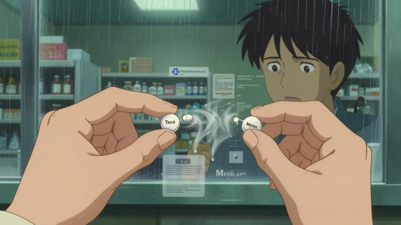 Two identical pills labeled with different manufacturers dissolving into data streams of insurance formularies under dim green lighting.