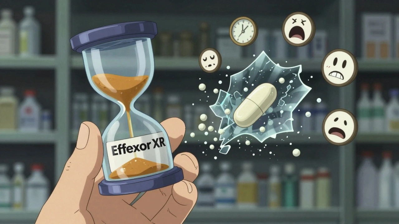 Two identical pills with contrasting internal structures: one stable, one chaotic, surrounded by anxiety symbols.