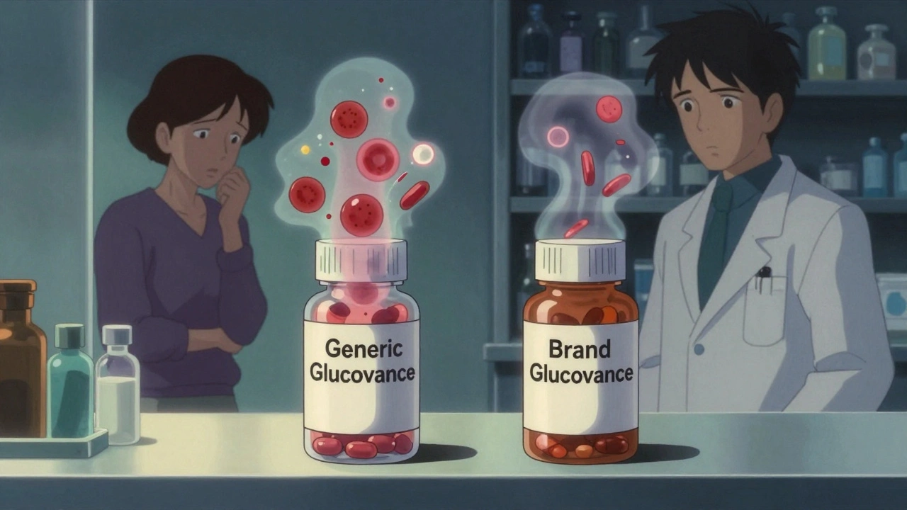Two pill bottles morph into ghostly blood cells, one calm, one chaotic, with a patient and doctor in shadow.