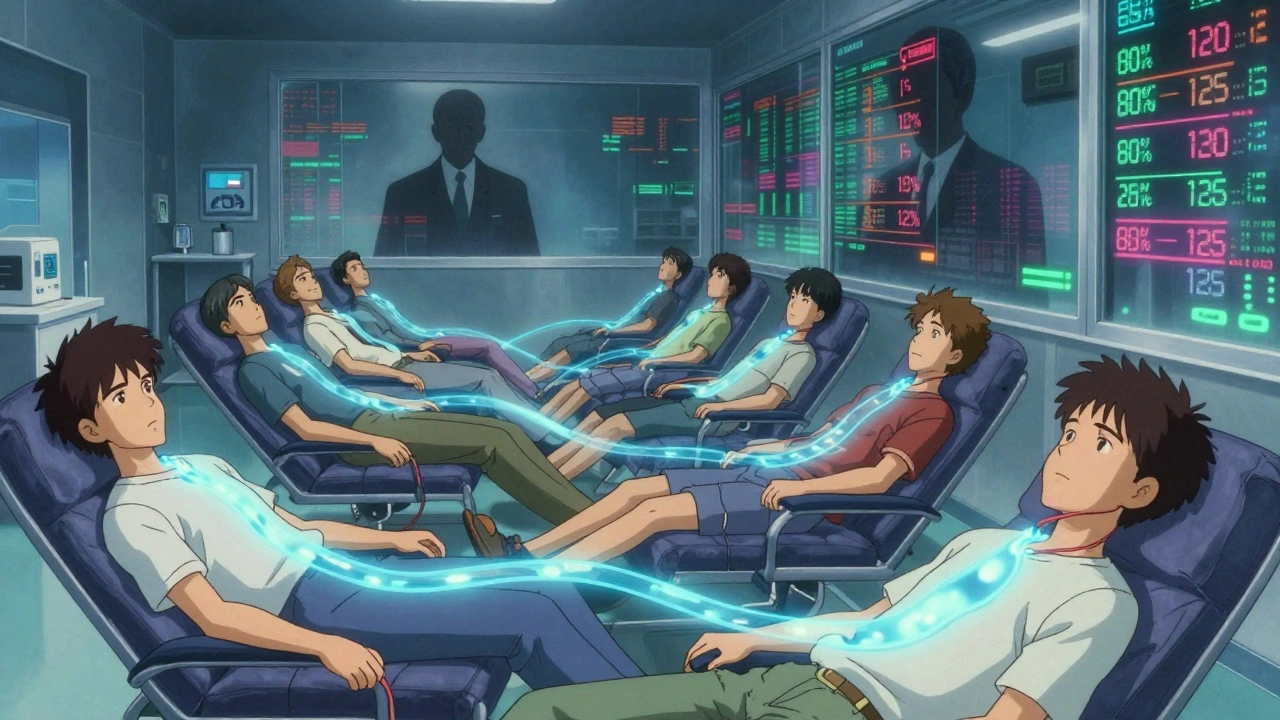 Volunteers in a neon-lit room with glowing bloodstreams and digital bioequivalence thresholds.