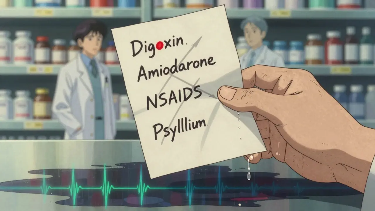 Wrinkled hand holding medication list with ghostly figures whispering, reflecting arrhythmia in a sweat drop.