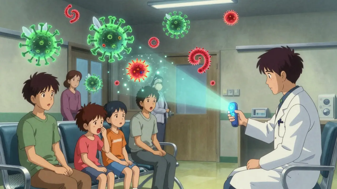A clinic waiting room with floating virus and bacteria icons, and a doctor using a diagnostic device.