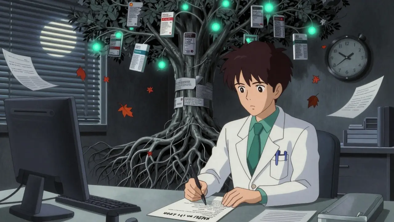A doctor writes an exception request as a formulary tree loses branded drugs and grows biosimilar buds under moonlight.