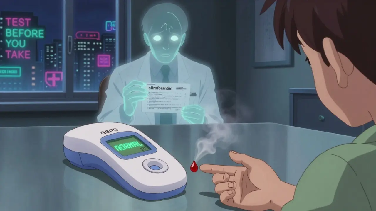 A glowing G6PD tester in a clinic shows 'NORMAL' as a doctor's prescription dissolves into ash.