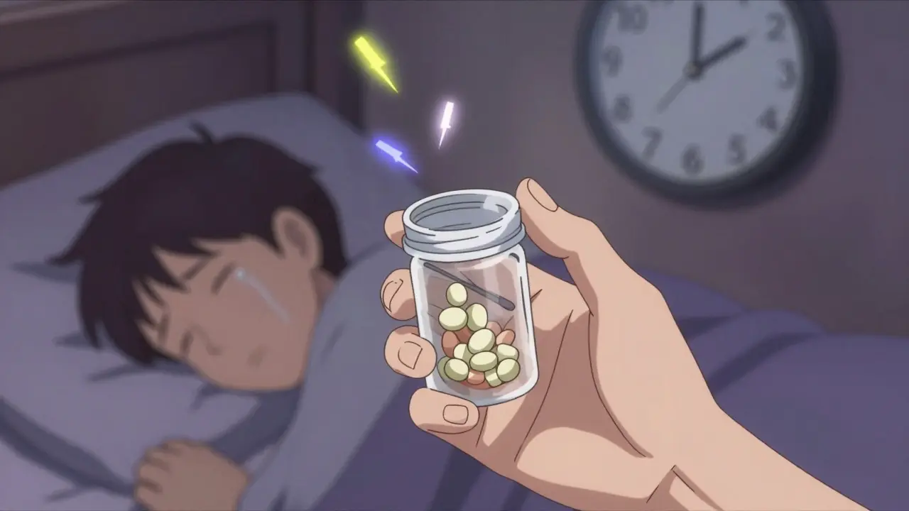A hand emptying a pill bottle as each pill becomes an electric zap, with a sleeping patient in the blurred background under muted tones.