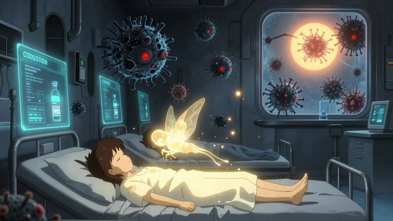 A hospital corridor with superbugs and a child’s immune system as glowing spirits fighting infection.