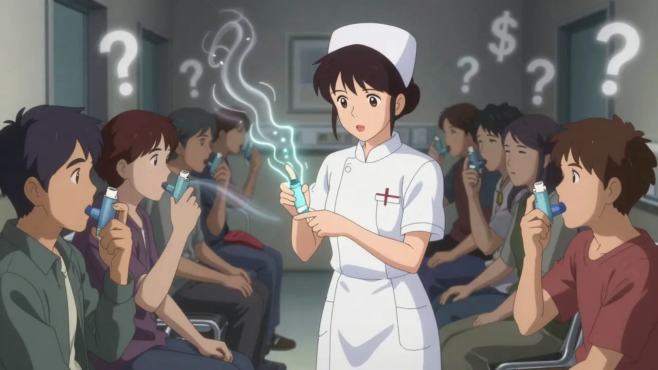 A nurse guides a patient’s hand with glowing instructional lines while other patients use inhalers incorrectly.