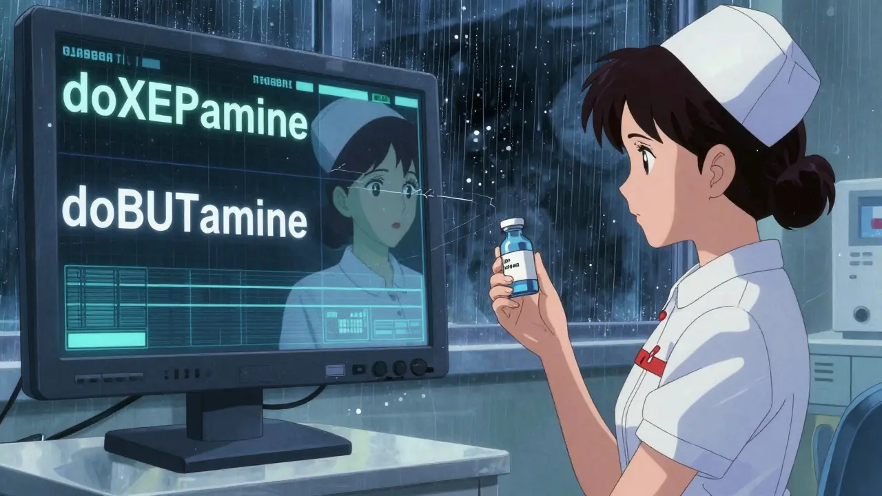 A nurse staring at a flickering EHR screen showing confusing drug names, with a ghostly reflection holding the wrong medication.
