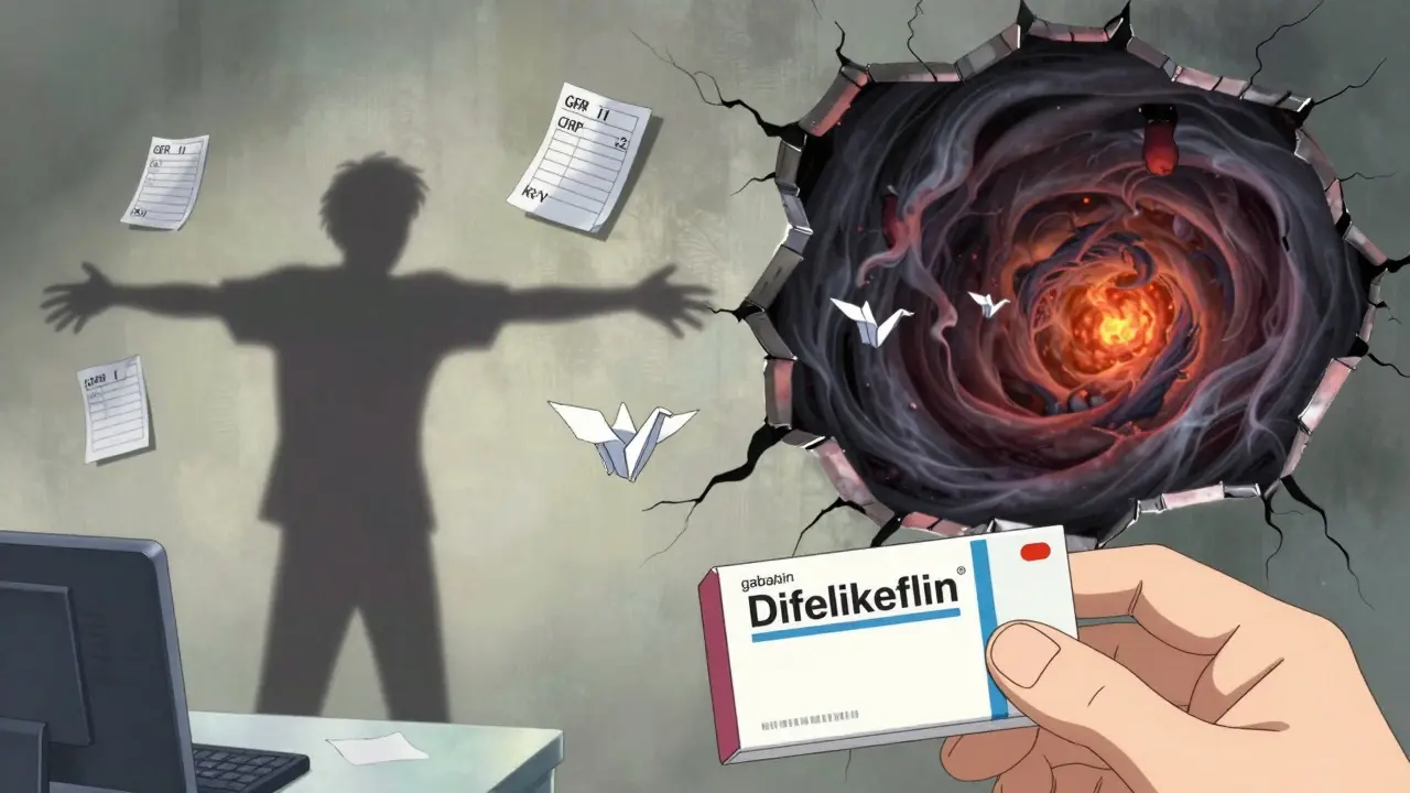 A patient's shadow morphs into a skeletal figure while floating lab results drift around them in a doctor's office, symbolizing uremic toxin buildup.