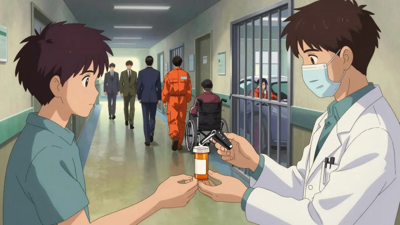 A patient handing a prescription bottle that transforms into a car key and jail bar, with multiple versions of themselves walking away.