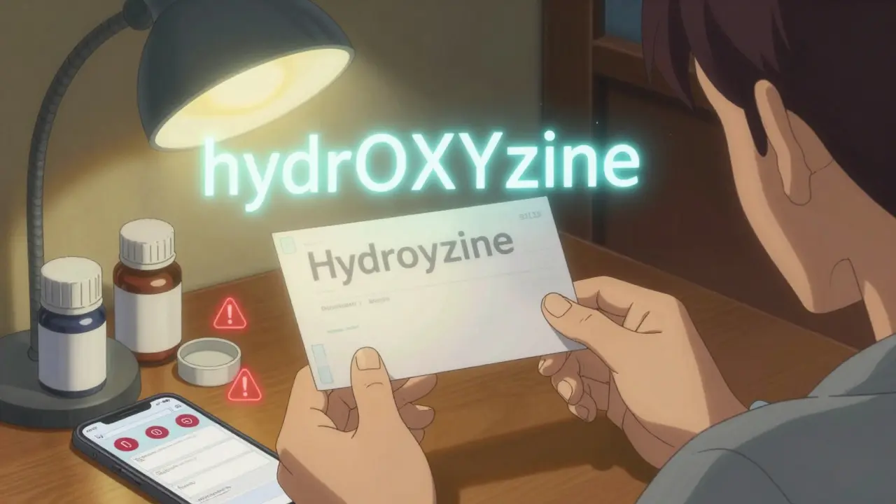 A patient holding a faded prescription as a glowing corrected version hovers above it, with medication app warnings in the background.