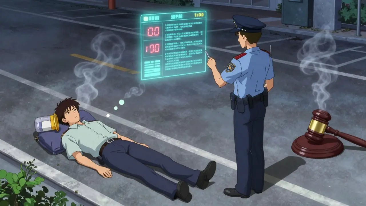 A patient performing a sobriety test as their shadow morphs into a pill bottle and gavel, under eerie roadside lighting.