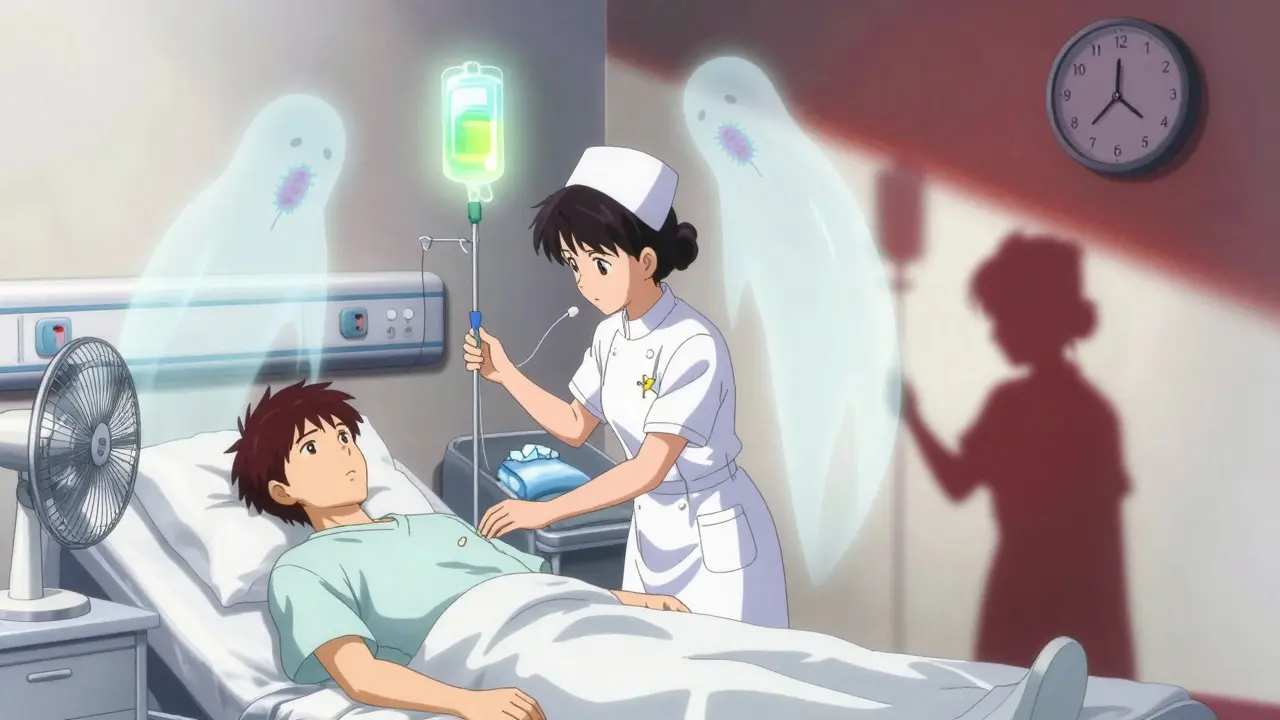 A patient receives IV steroids as ghostly heat waves and bacteria float around them, symbolizing misdiagnosed pseudorelapse.